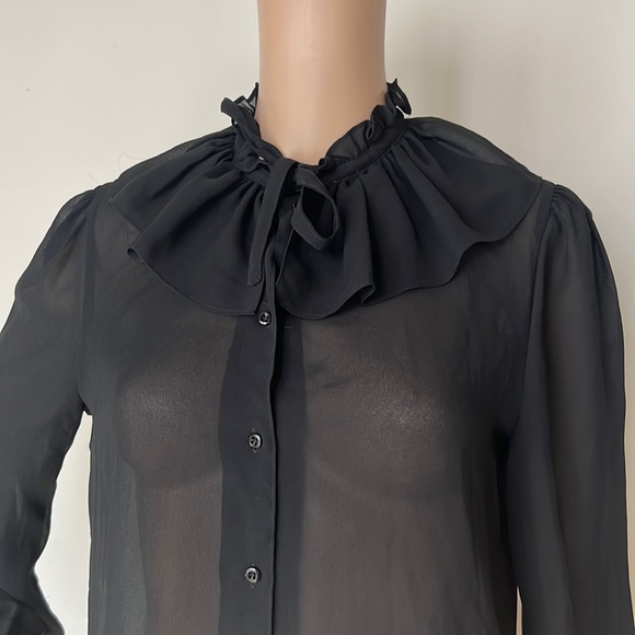 Black High Neck Bow Tie Front Ruffle Sheer size 12 - Picture 3 of 4